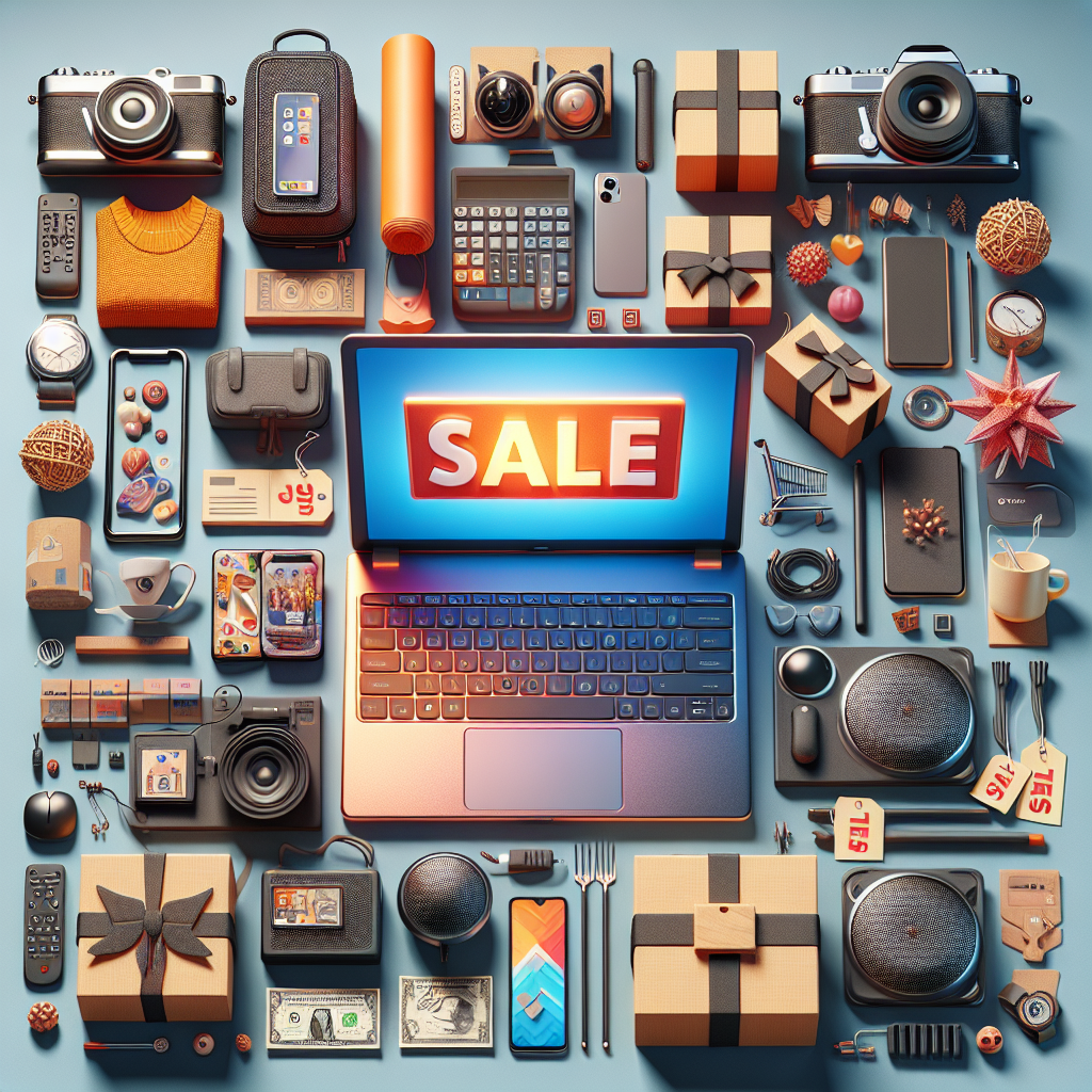 Online shopping scene with a laptop showing a 'Sale' banner and various high-quality products around it.