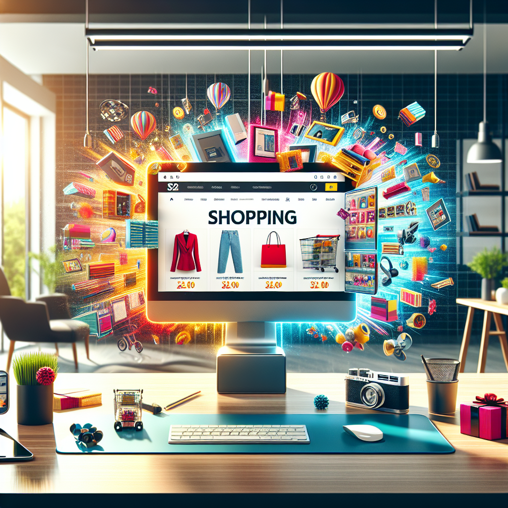 A realistic online shopping scene with a computer screen displaying a shopping website, surrounded by various items.