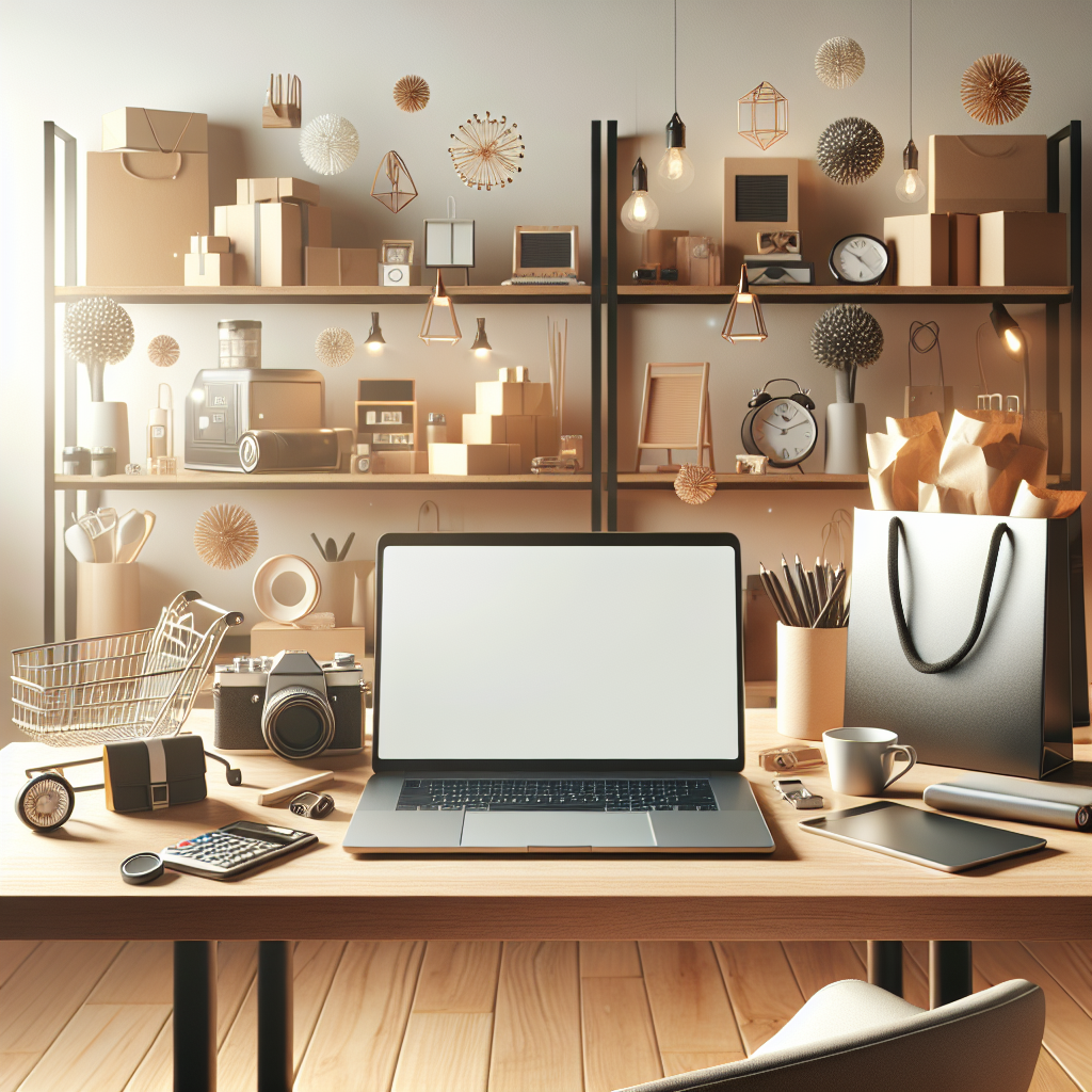 A laptop on a desk surrounded by tech gadgets, fashion items, and home essentials representing online shopping deals.