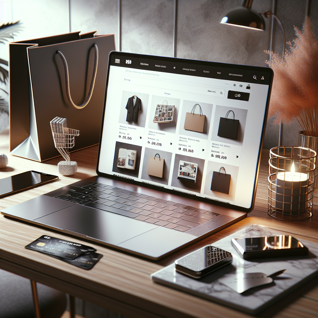 Realistic image of an online shopping setup with a laptop, shopping bags, smartphone, and credit cards on a wooden desk.