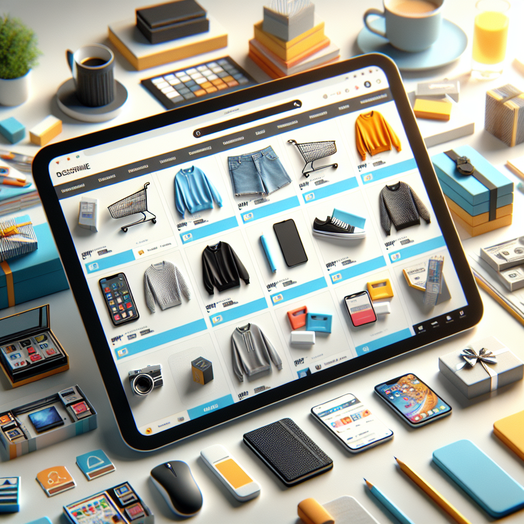 A realistic digital marketplace interface showing various products for online shopping comparison.