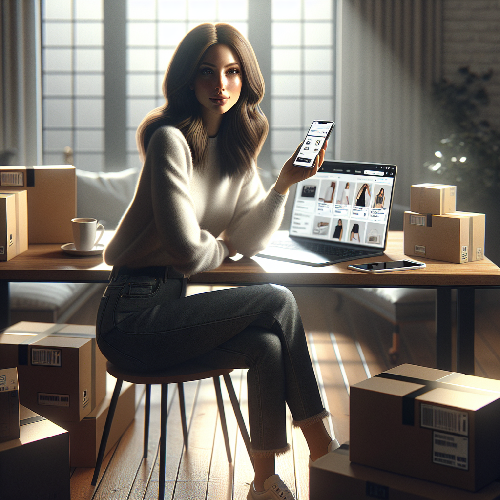 A realistic image of a woman using a laptop and smartphone for online shopping with packages around her.