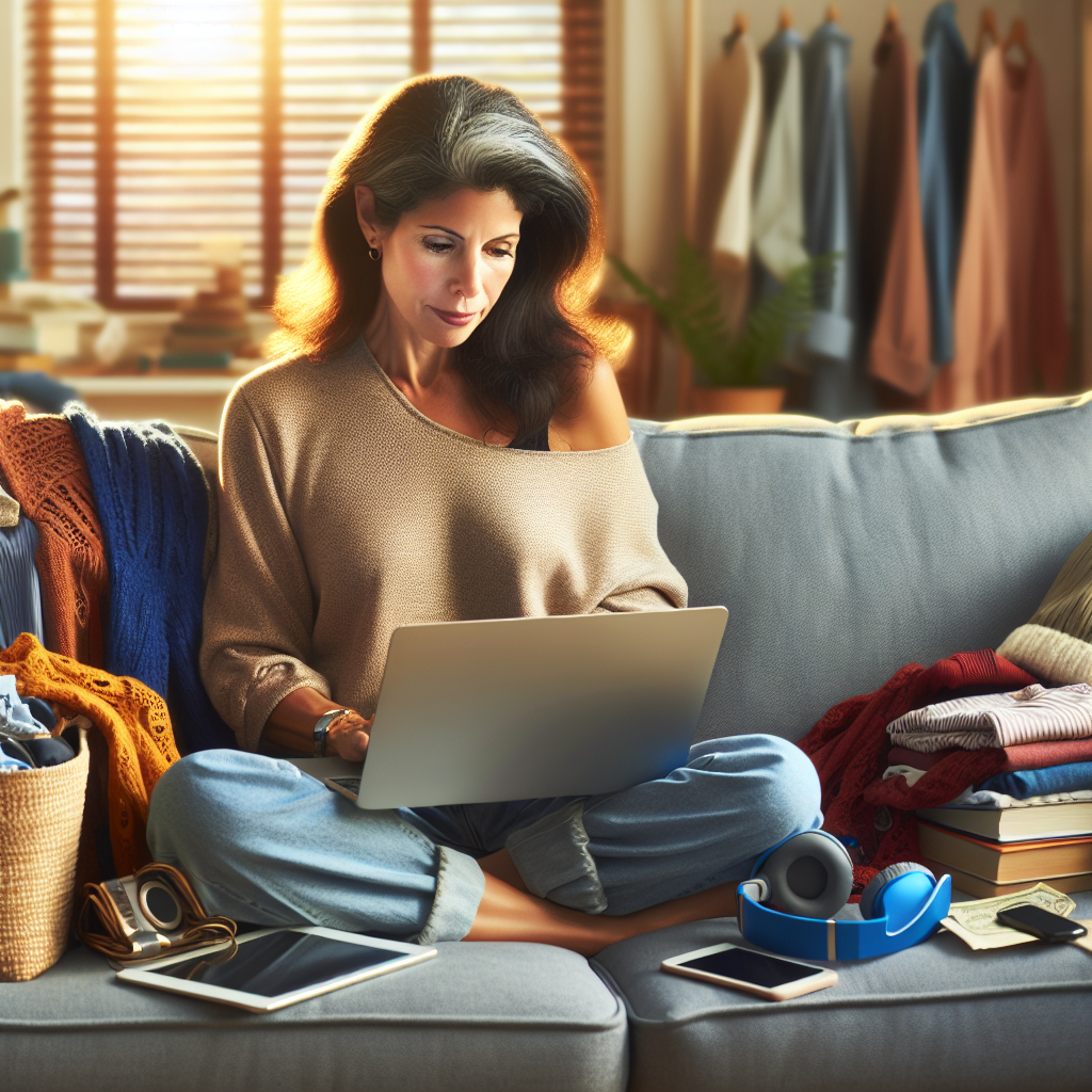 A person shopping online from the comfort of their home with various items around them.