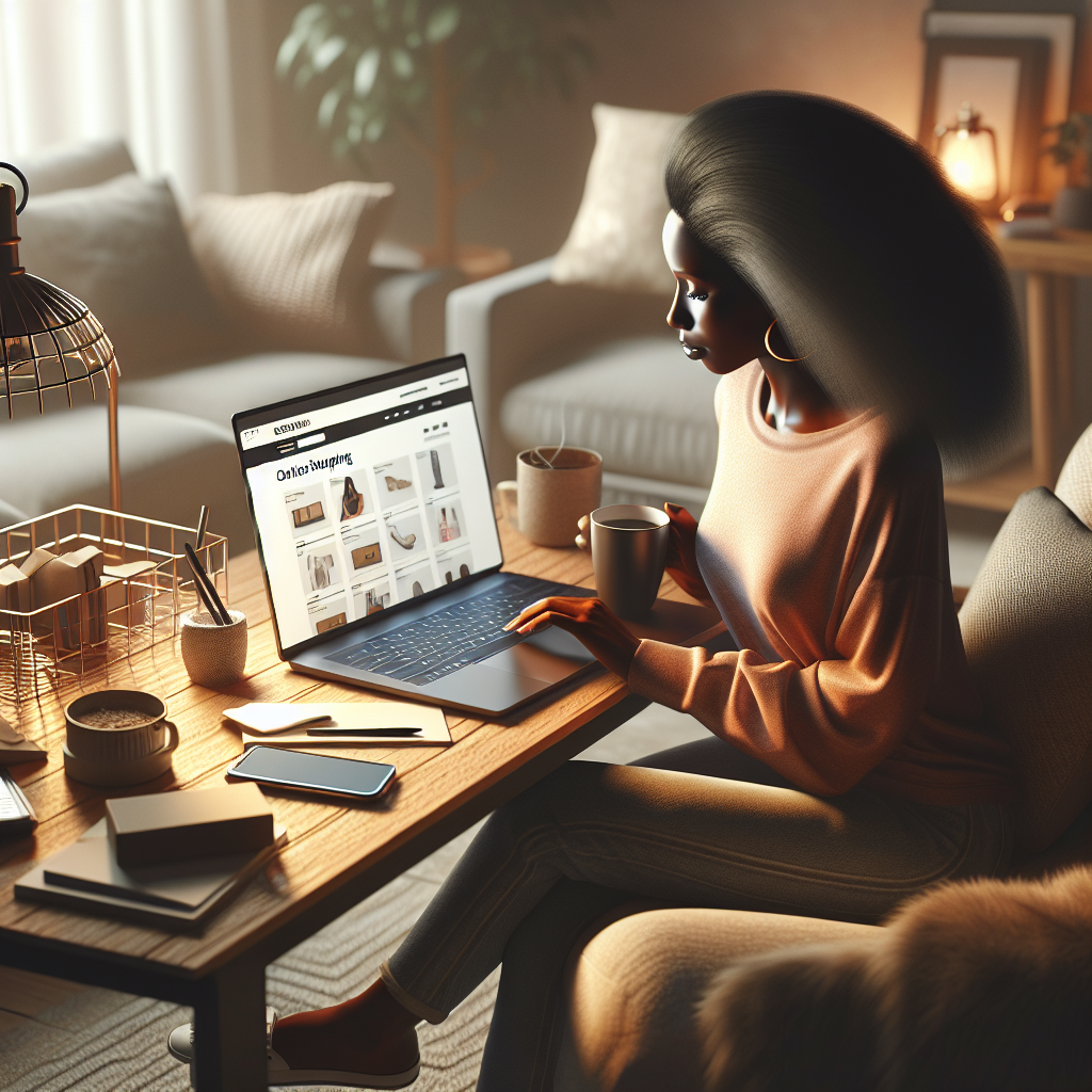 Person shopping online with a laptop in a cozy home setting, including a coffee cup, a smartphone, and a notepad on a wooden table.