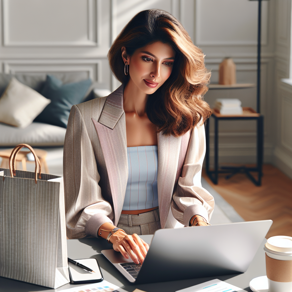 A stylish woman enjoying online shopping on a laptop in a cozy room.