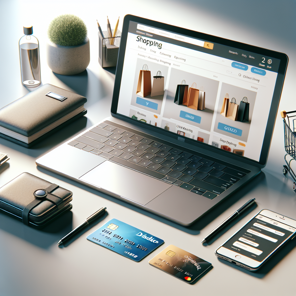 Realistic image of a laptop displaying a shopping website with a credit card, wallet, and smartphone on a clean desk.