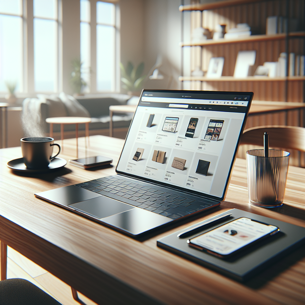 Modern laptop on a wooden desk displaying an online shopping website, with a cup of coffee and a smartphone nearby.