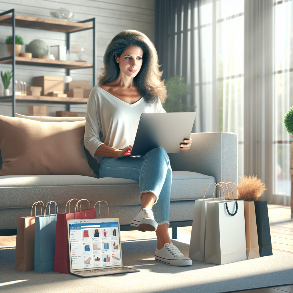 Person browsing an e-commerce website on a laptop in a modern living room, surrounded by shopping bags and boxes.