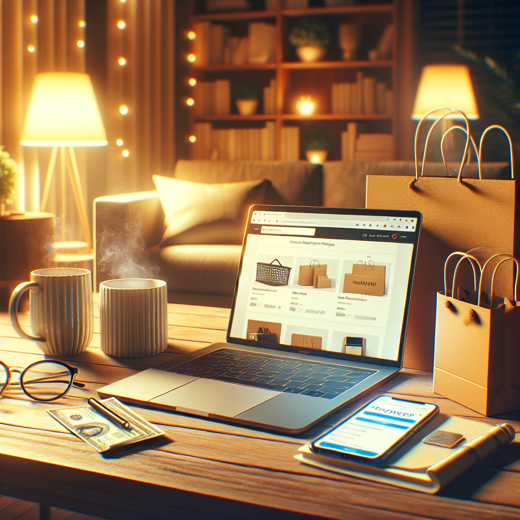 A cozy home scene with a laptop open on a table, displaying an online shopping website, surrounded by shopping bags, a mug, and a smartphone showing a promo code.