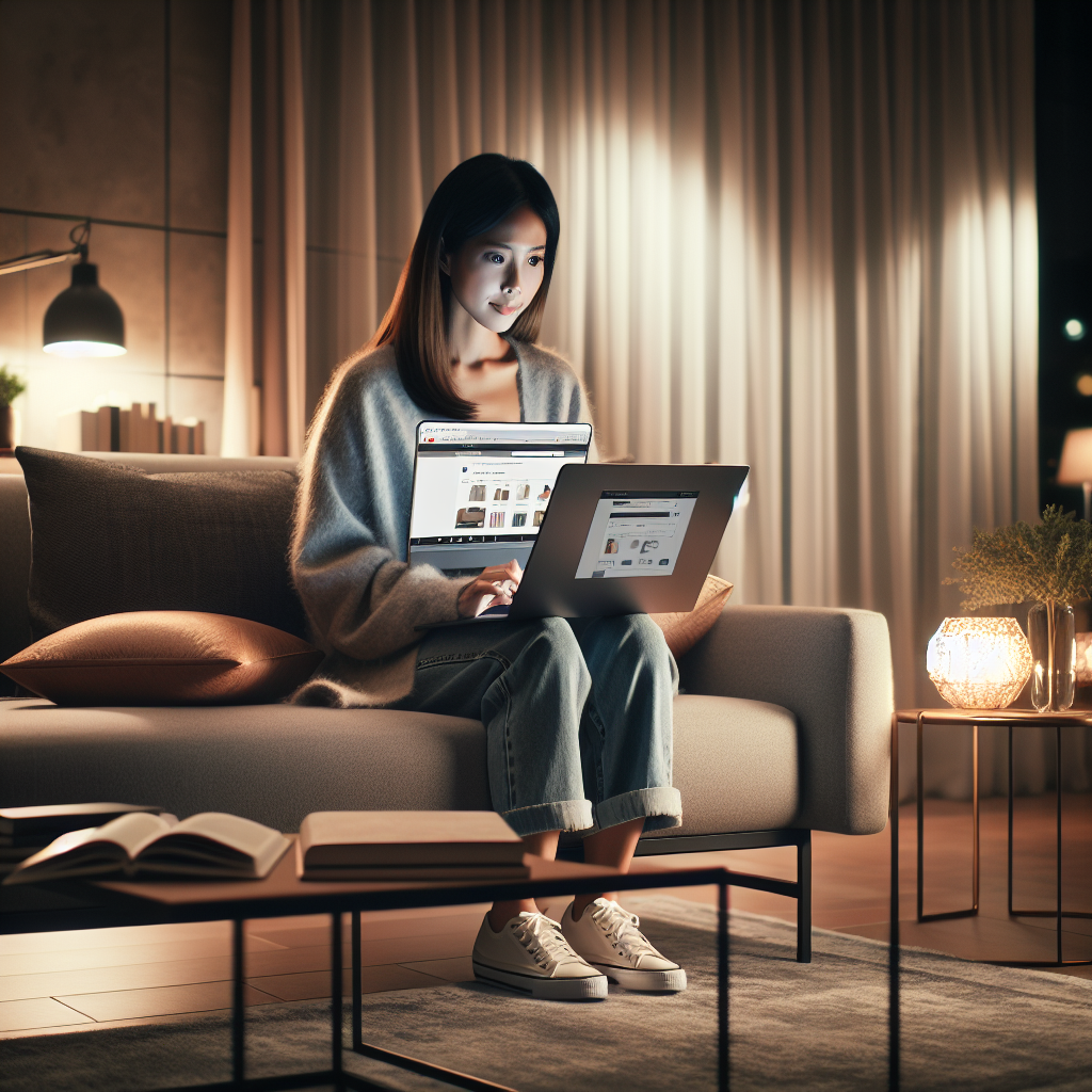 A person browsing a shopping website on a laptop at home, sitting on a modern couch.