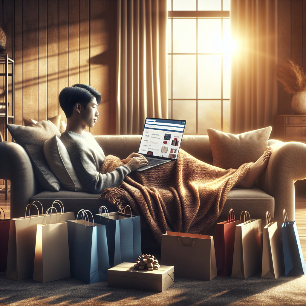 A person shopping online on a laptop in a cozy living room, surrounded by shopping bags and packages.