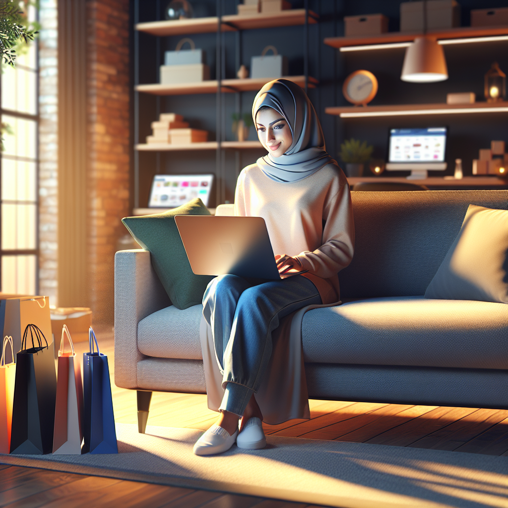 A woman shopping online from her laptop in a comfortable living room.