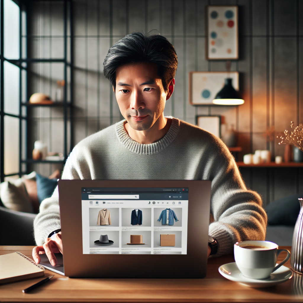 A person shopping online on a laptop in a cozy home setting.