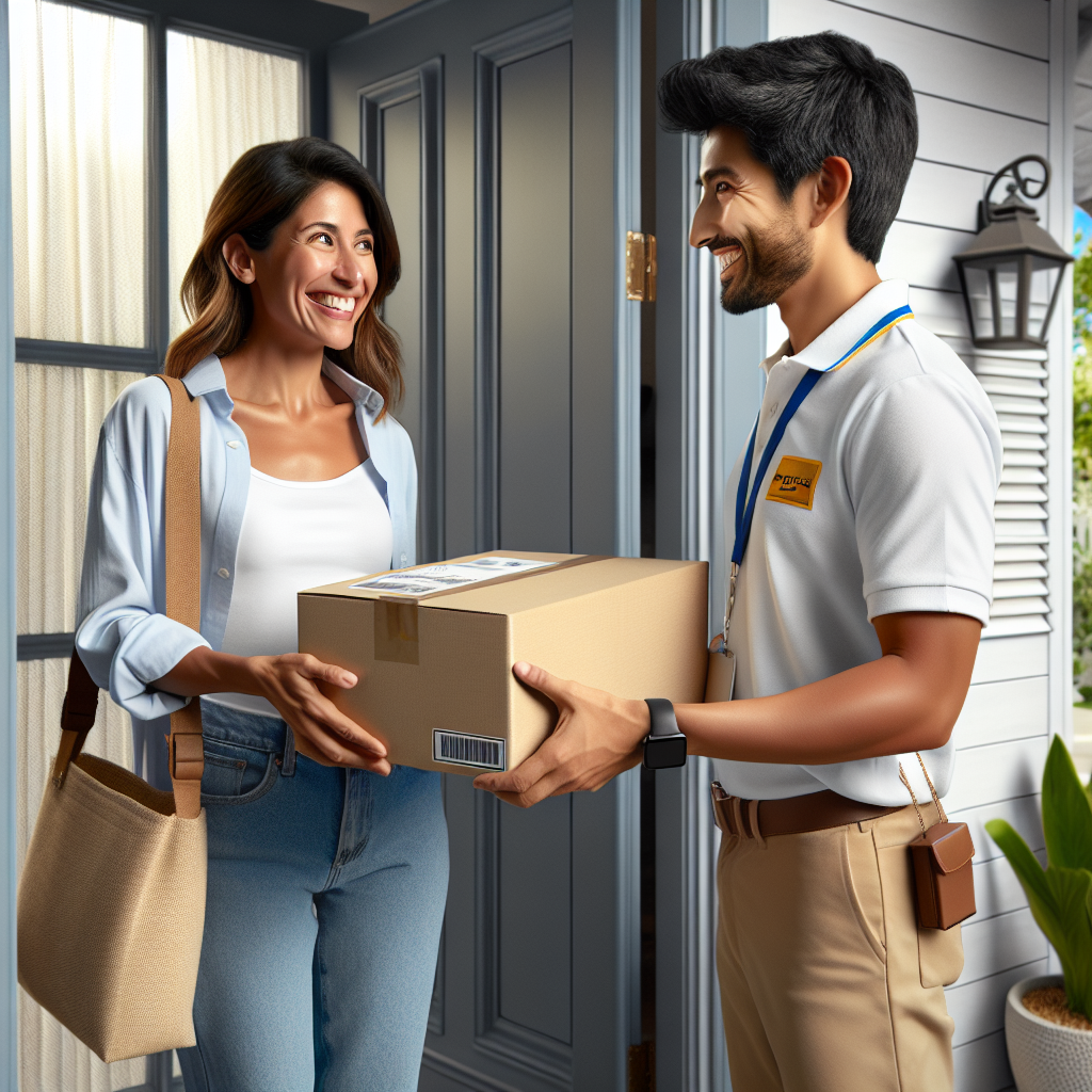 Customer receiving a package from an e-commerce delivery person at their doorstep, both smiling.