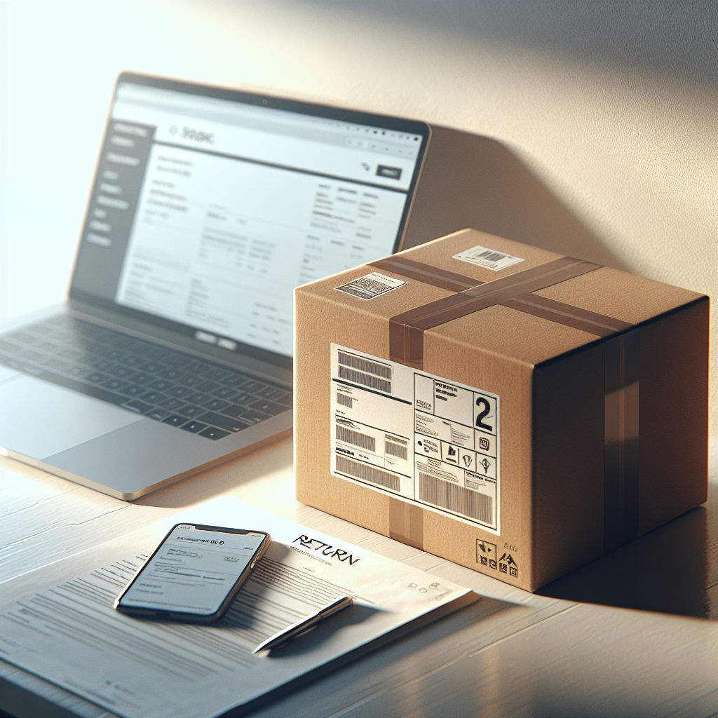 A realistic image of an e-commerce package ready for return, placed next to a laptop and a return policy document.