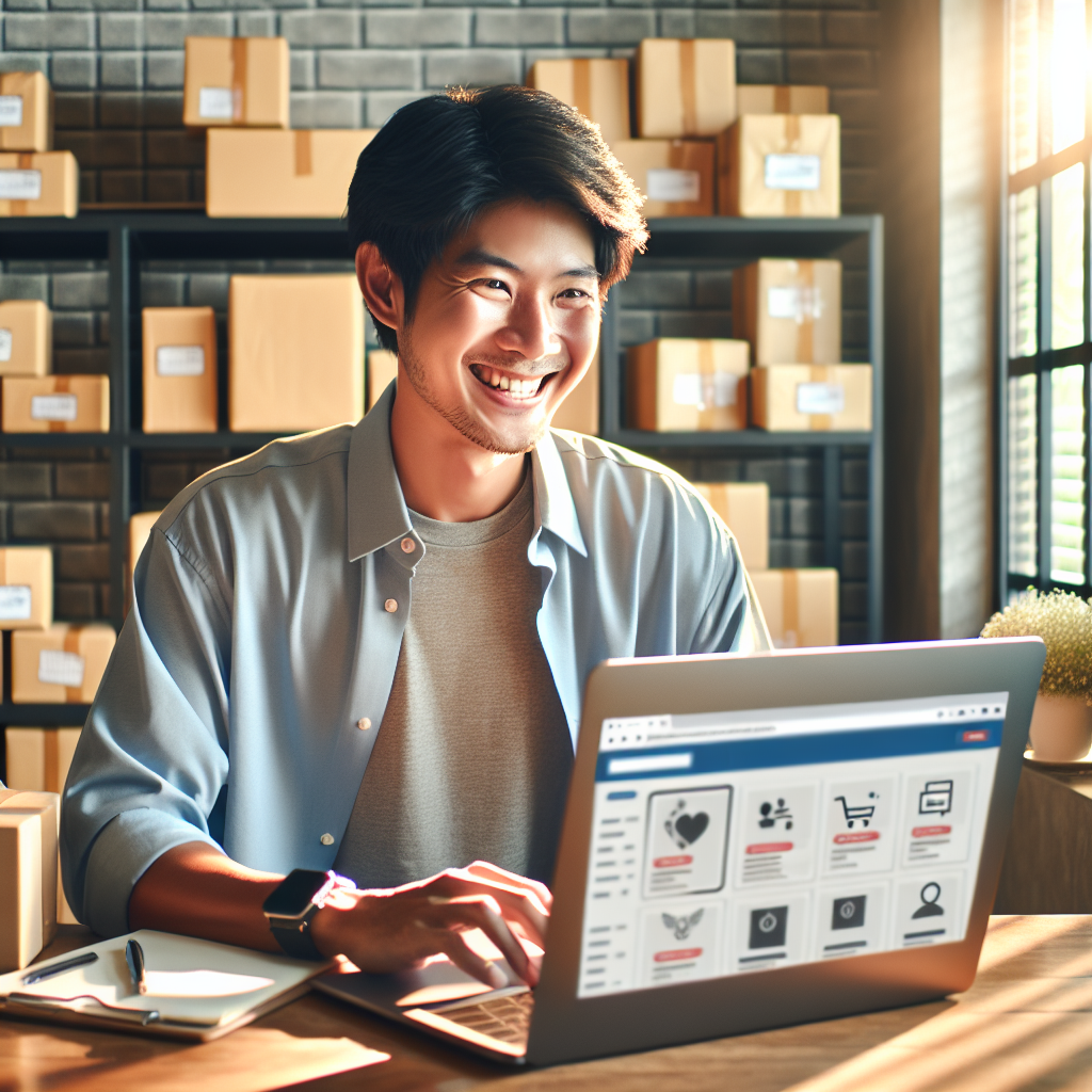 A customer interacting with an online store on a laptop, surrounded by packages, representing e-commerce return policies.