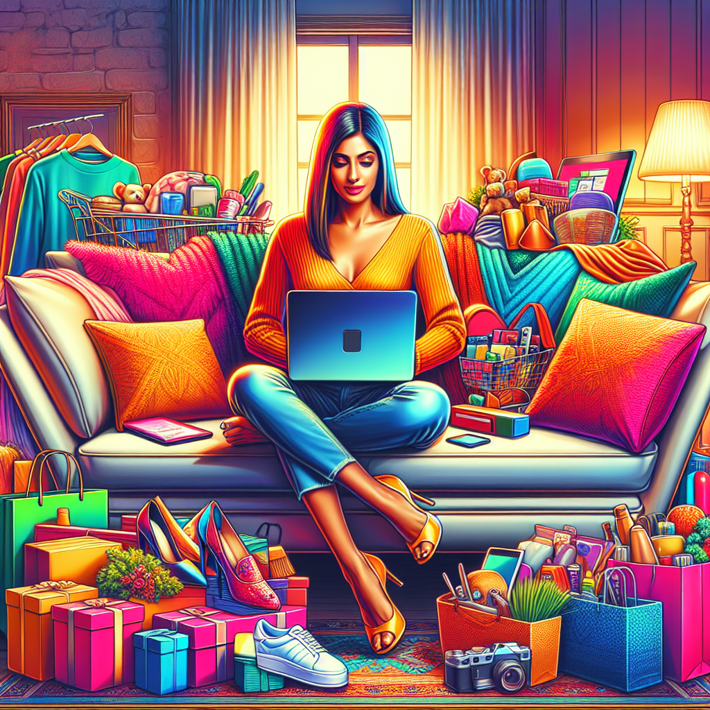 A person shopping online from home, surrounded by various items like electronics and fashion products.