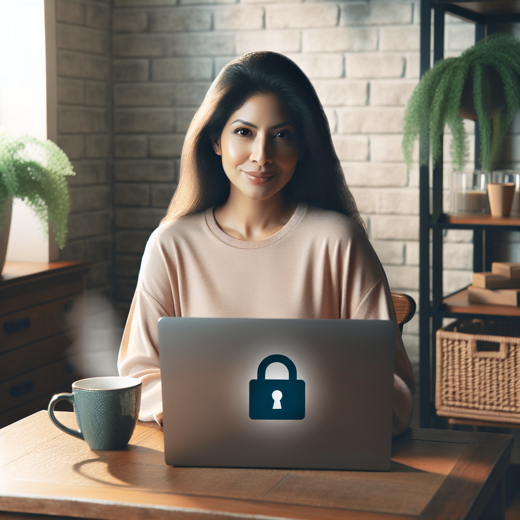 A person shopping online securely from their home with a laptop displaying a security lock symbol.