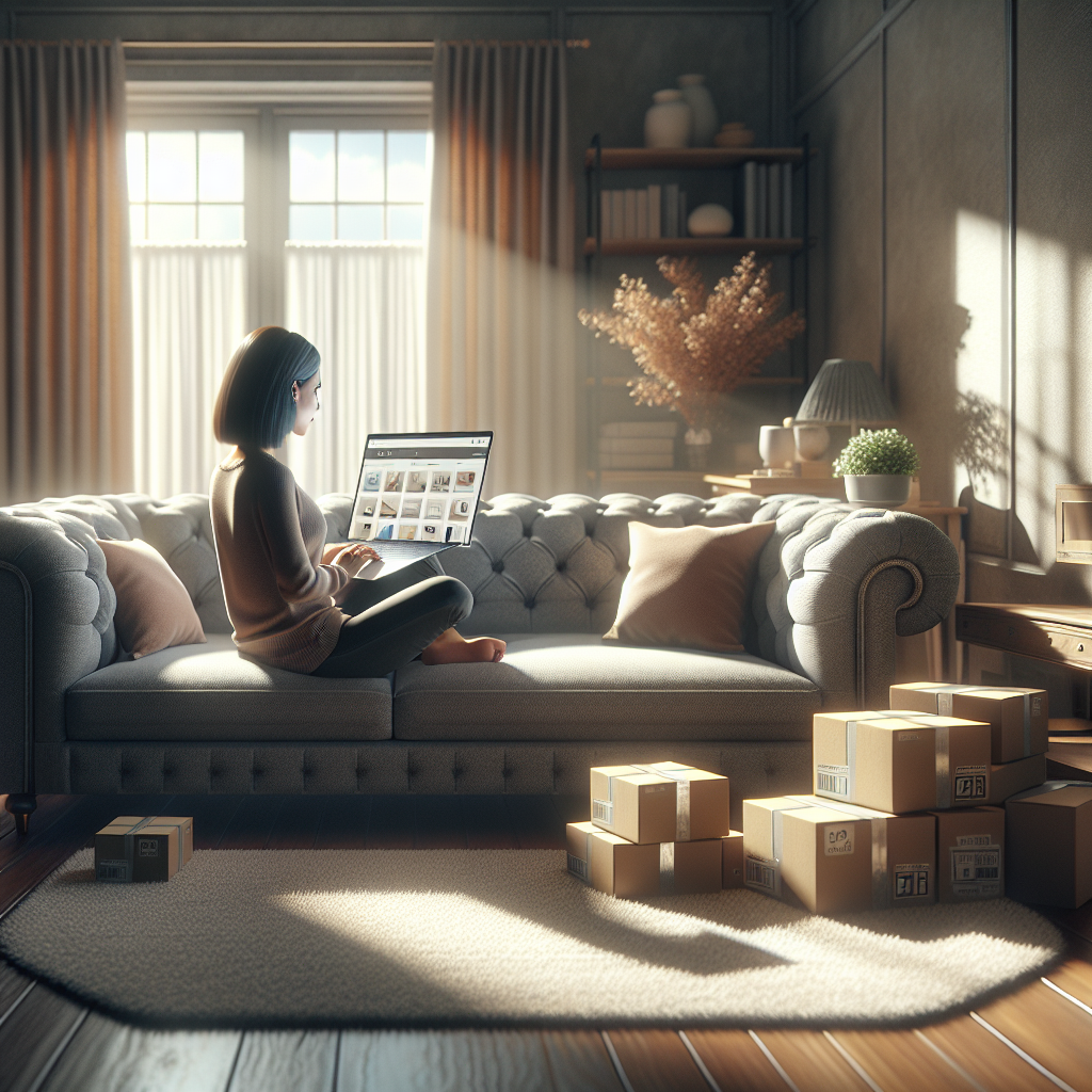 A person browsing a laptop in a cozy living room surrounded by delivered packages, depicting the benefits of online shopping.