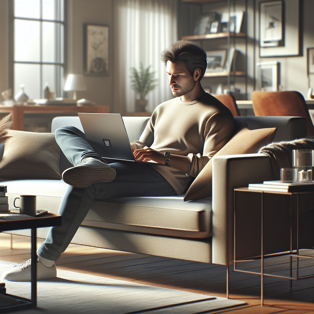 A person sitting on a couch using a laptop to shop online, surrounded by a cozy home environment with natural lighting.