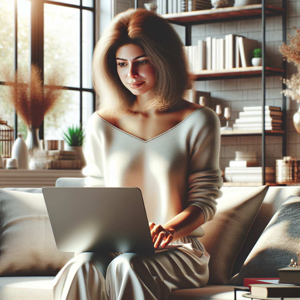 A woman comfortably online shopping at home.