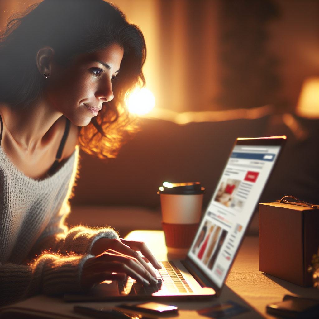 A person shopping online using a laptop in a cozy home setting with warm lighting.