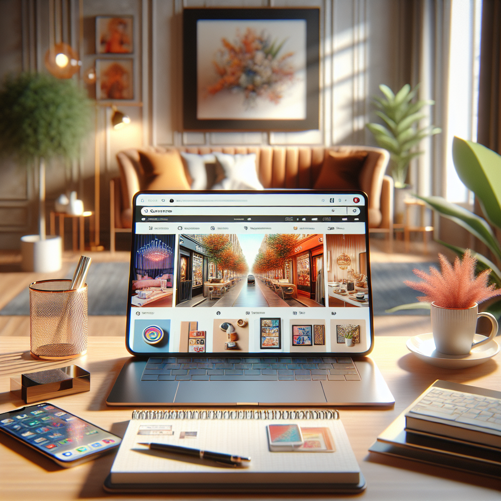 A cozy home office setup showing a laptop open to an online shopping website.