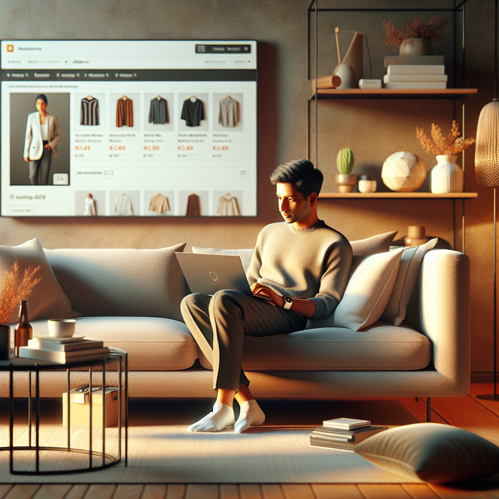 A person shopping online from a laptop in a cozy living room, highlighting the convenience of online shopping.