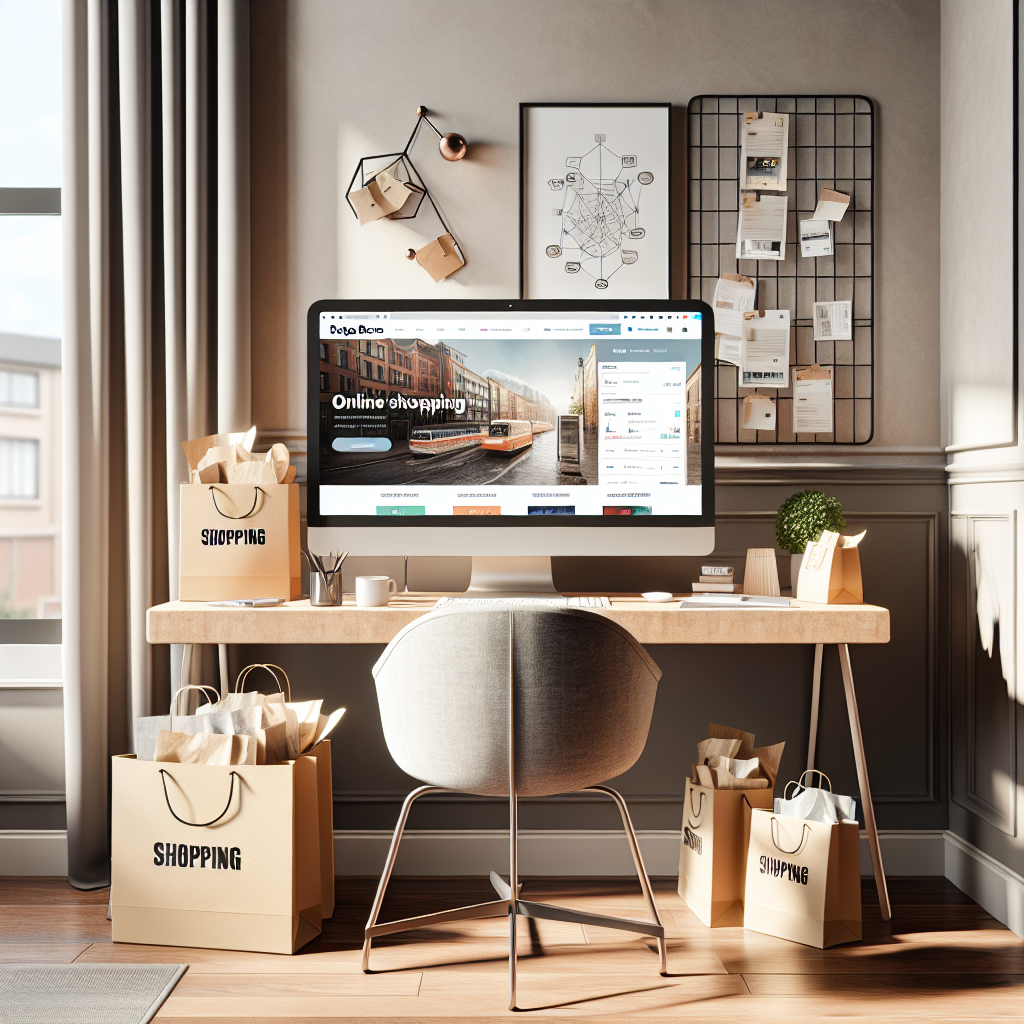 A modern home office setup for online shopping, showcasing a sleek computer, parcels, and shopping bags in a cozy, well-lit room.