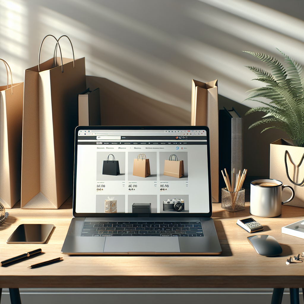 Home workspace with a laptop displaying an e-shopping site, surrounded by shopping bags and electronic gadgets.