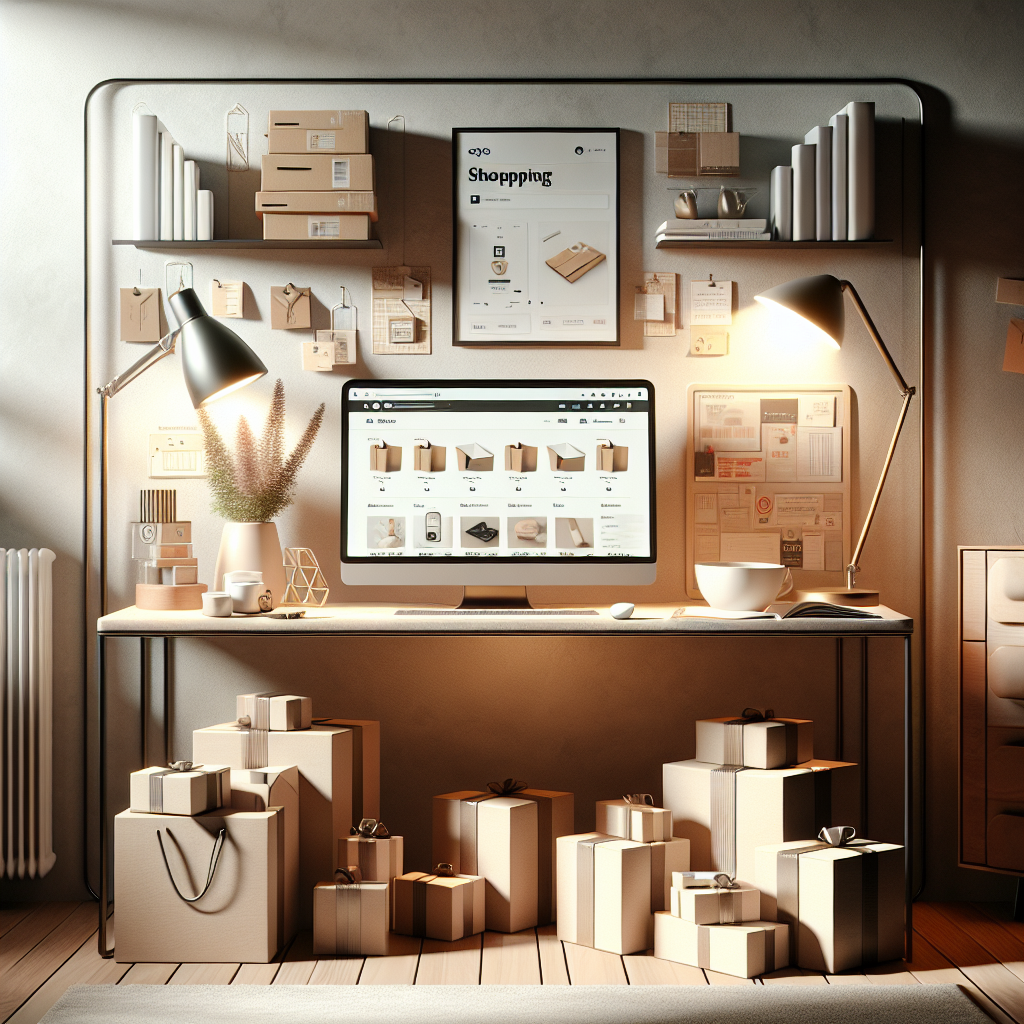 Modern home office setup for online shopping with laptop and parcels.