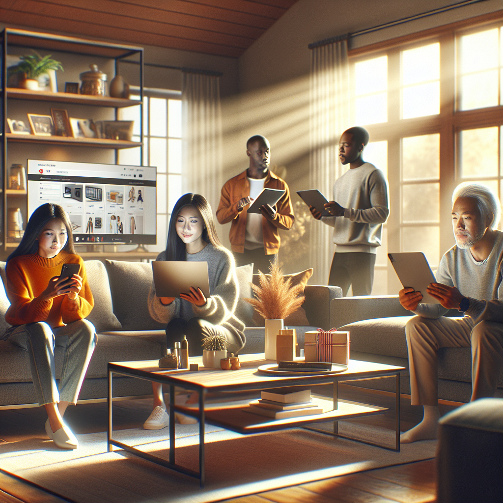 Diverse individuals shopping online from a cozy living room using various devices.