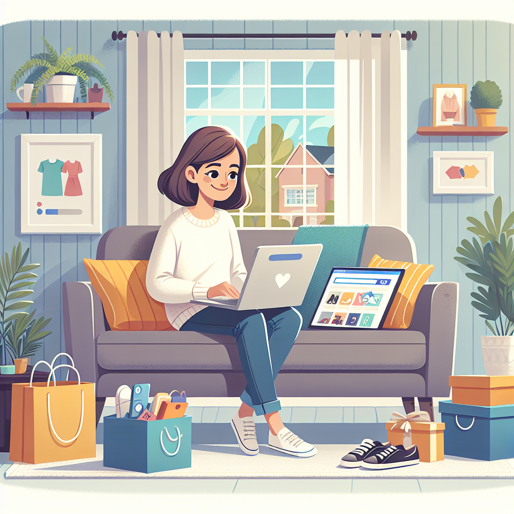 A cheerful woman sitting on a sofa using a laptop for online shopping, surrounded by various products in a cozy home setting.