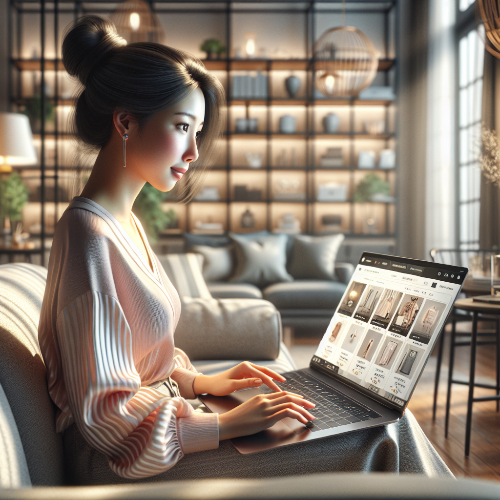 A person sitting on a sofa using a laptop for online shopping in a cozy, well-lit room.