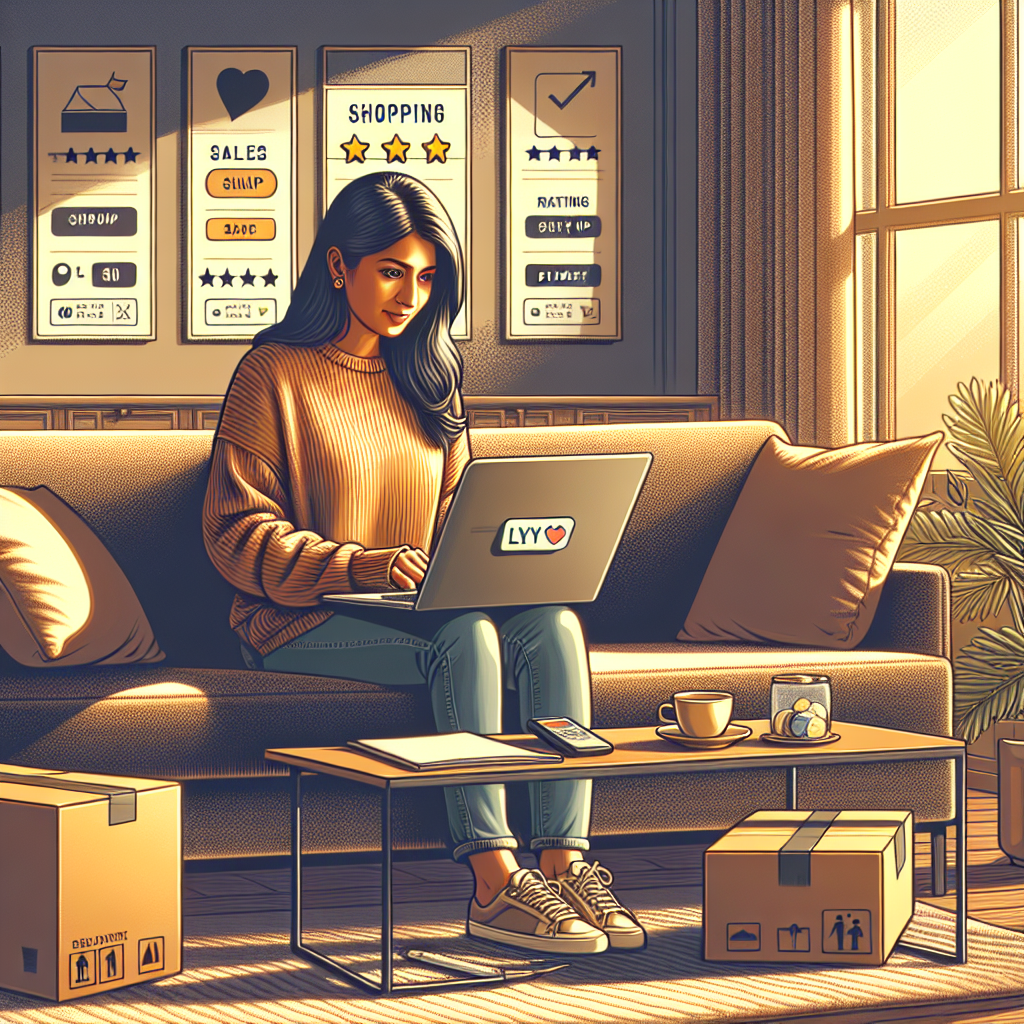 A person comfortably shopping online in a cozy, modern living room, showcasing the convenience of online shopping.