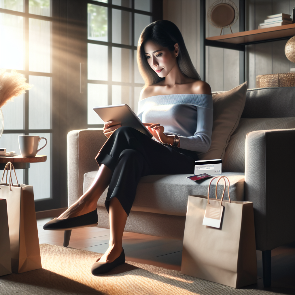 A woman browsing an online shopping site on a tablet in a comfortable living room.