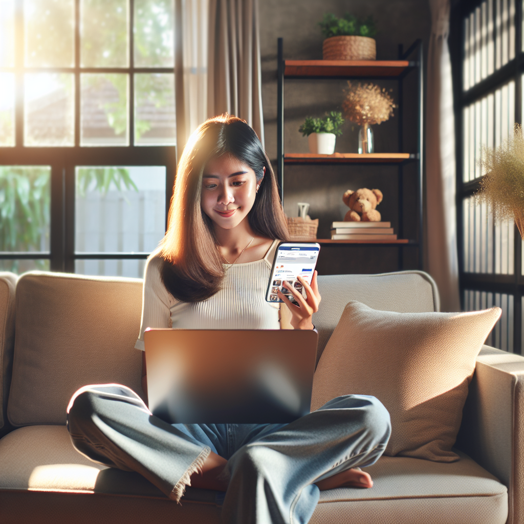 A young woman sitting on a cozy couch in a well-lit living room, shopping online using a laptop.