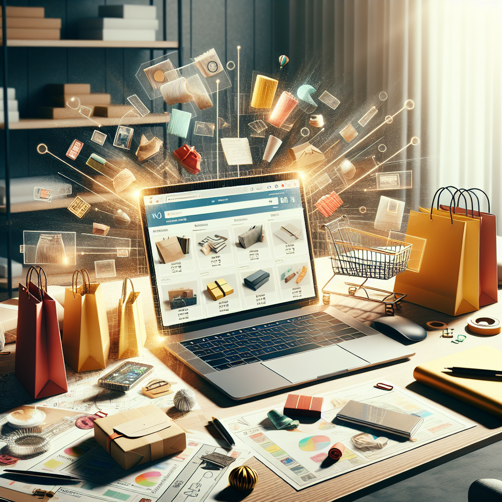 A modern workspace with a laptop showing an online shopping site, surrounded by shopping bags and packages.