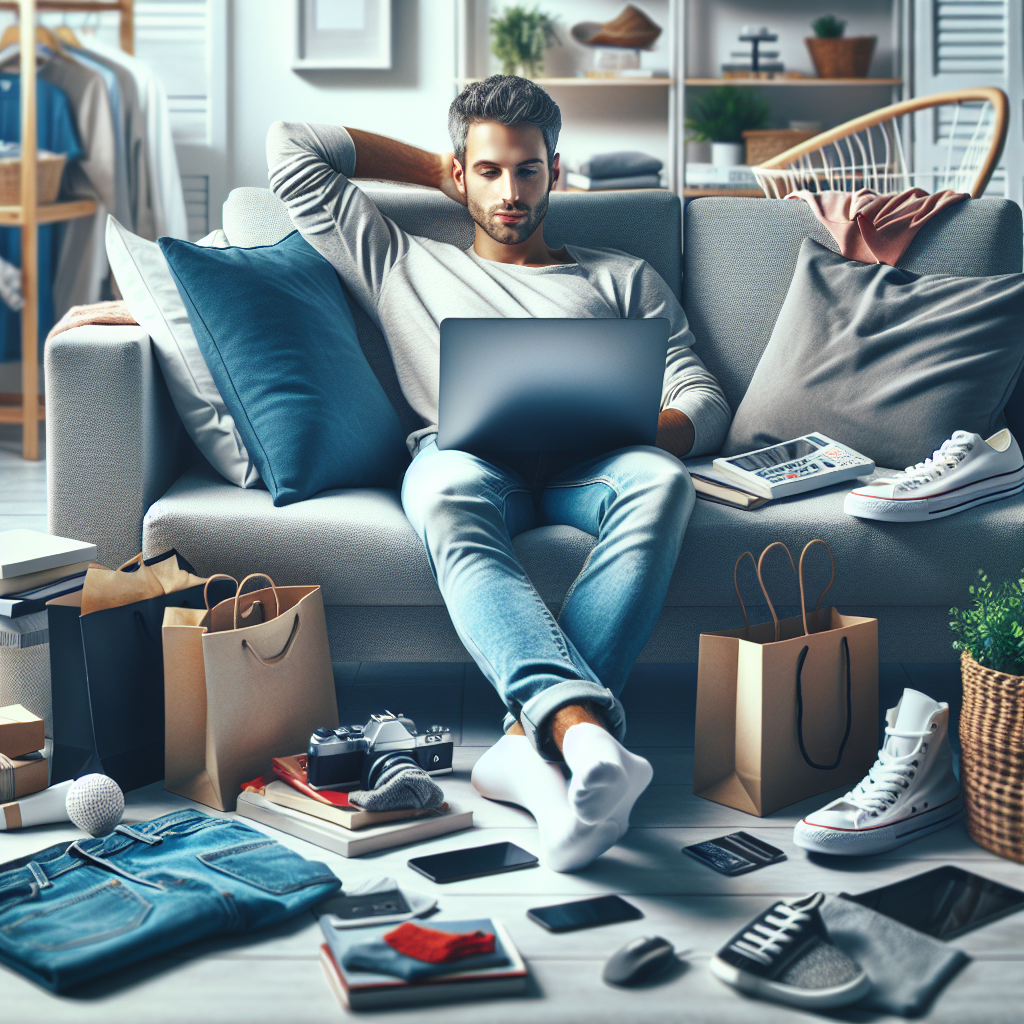 A person sitting on a sofa shopping online with a laptop, surrounded by shopping items.