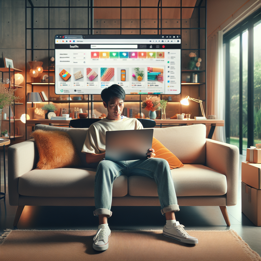 A person shopping online at home using a laptop, sitting on a sofa in a cozy and well-lit living room.