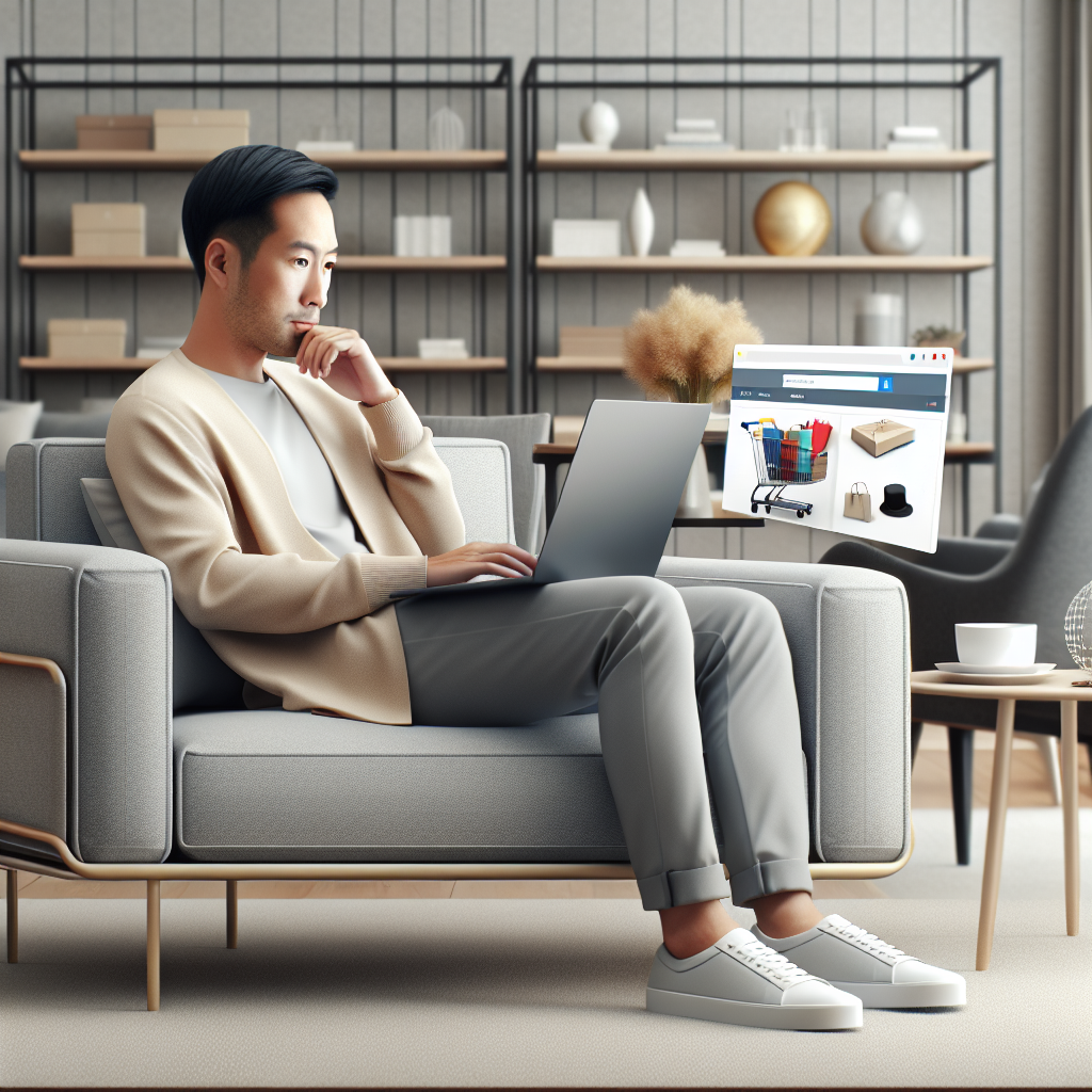 A person sitting in a modern living room, holding a laptop and shopping online.