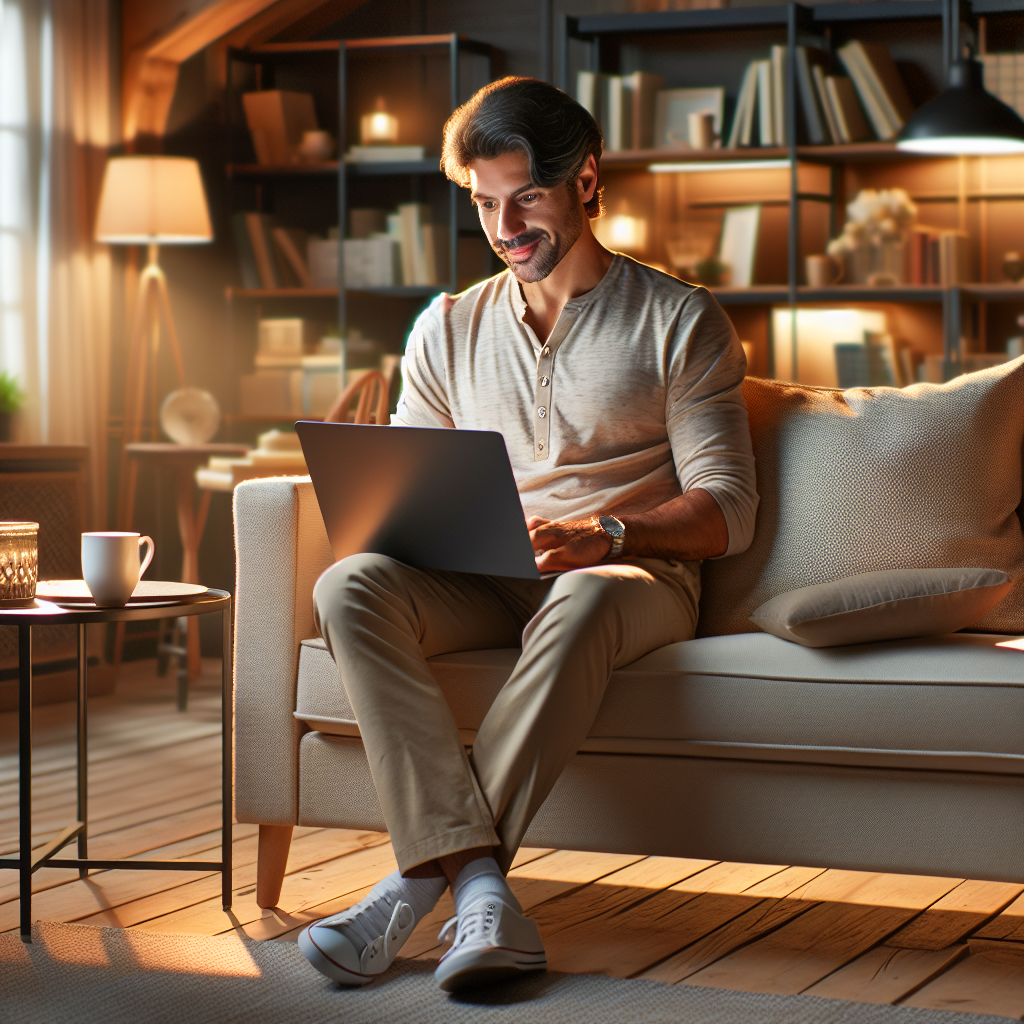 A person sitting on a couch using a laptop to shop online in a cozy room.