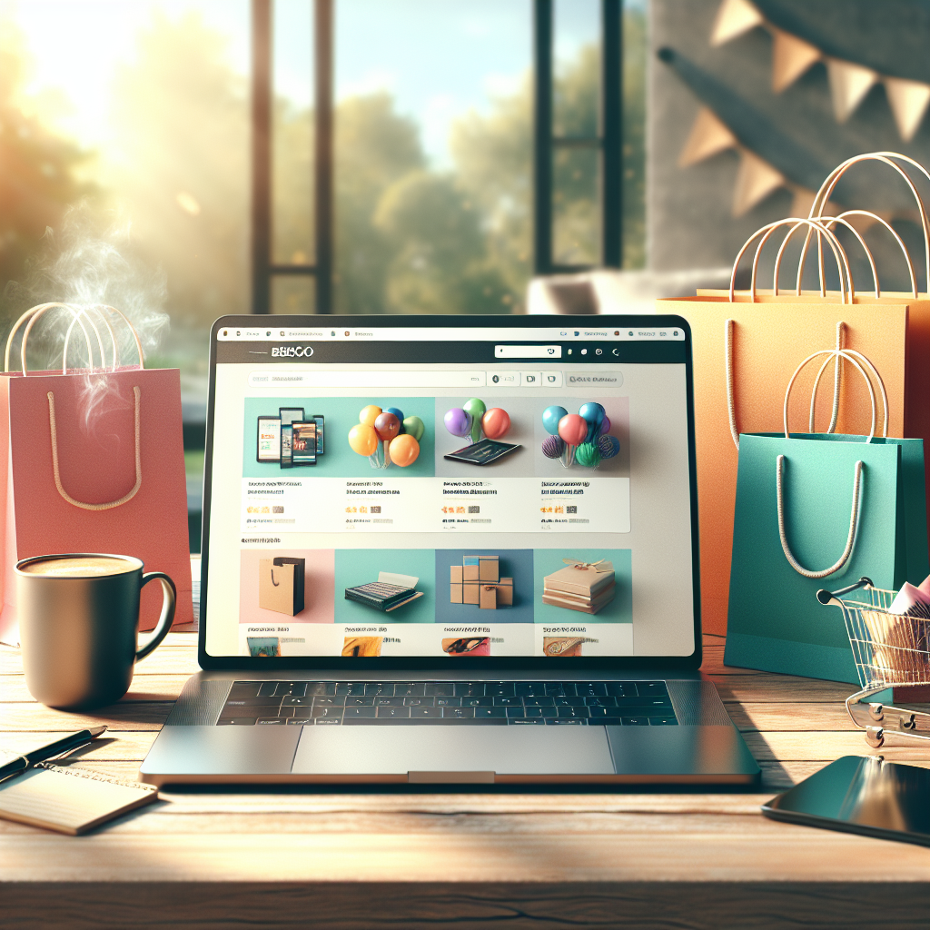 A realistic scene of a modern workspace with a laptop showing an online shopping site, surrounded by shopping bags and a cup of coffee.