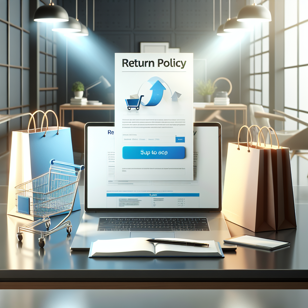 Online shopping return policies displayed on a laptop with shopping bags and cart on a modern desk.