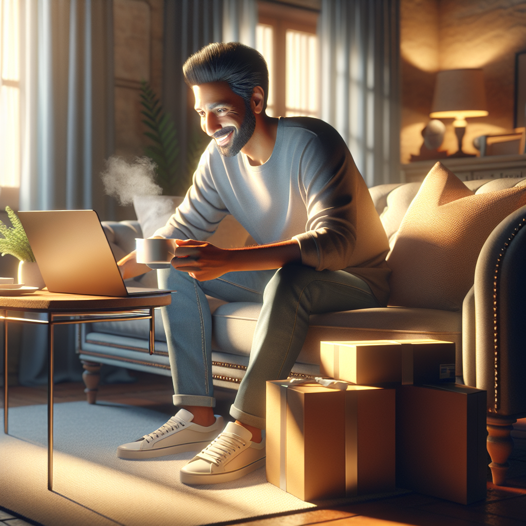 A person comfortably shopping online with a laptop in a cozy living room.