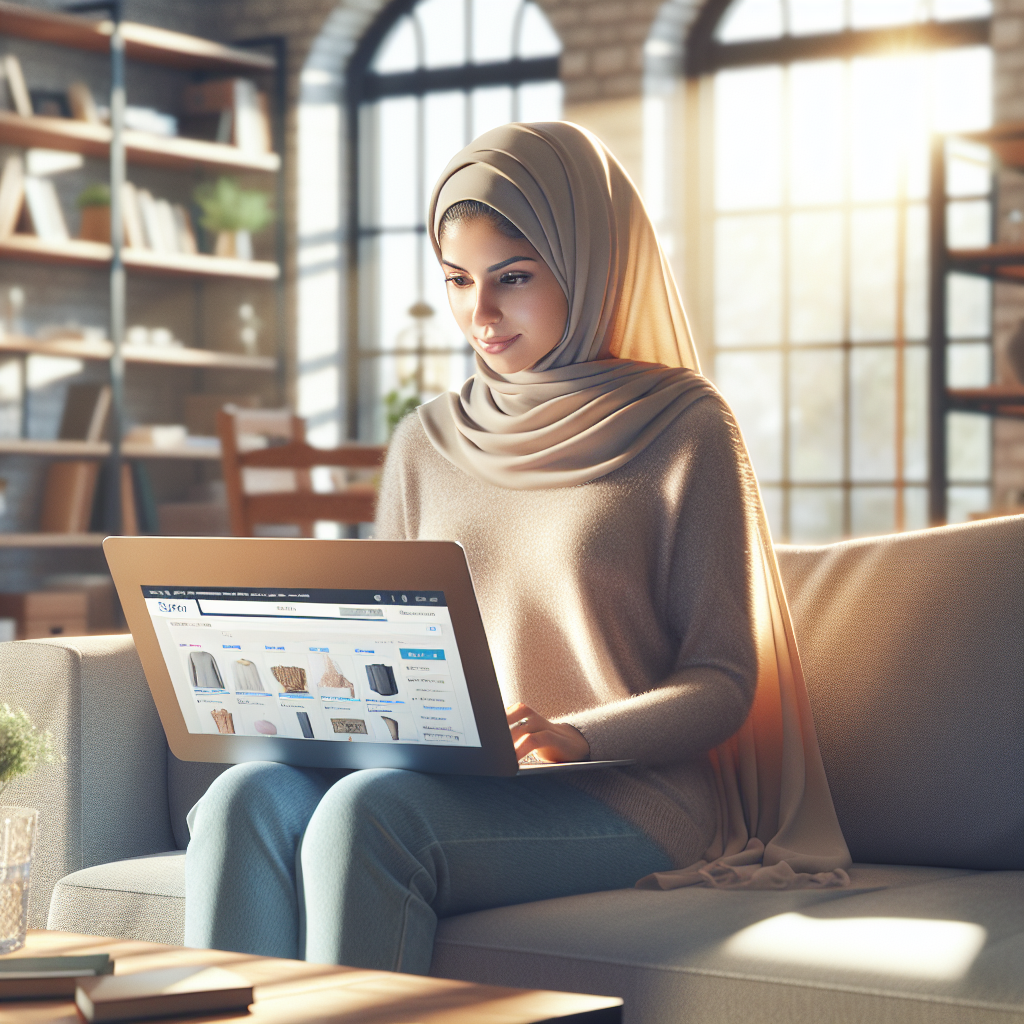 Person shopping online on a laptop while sitting on a cozy couch in a well-lit living room.