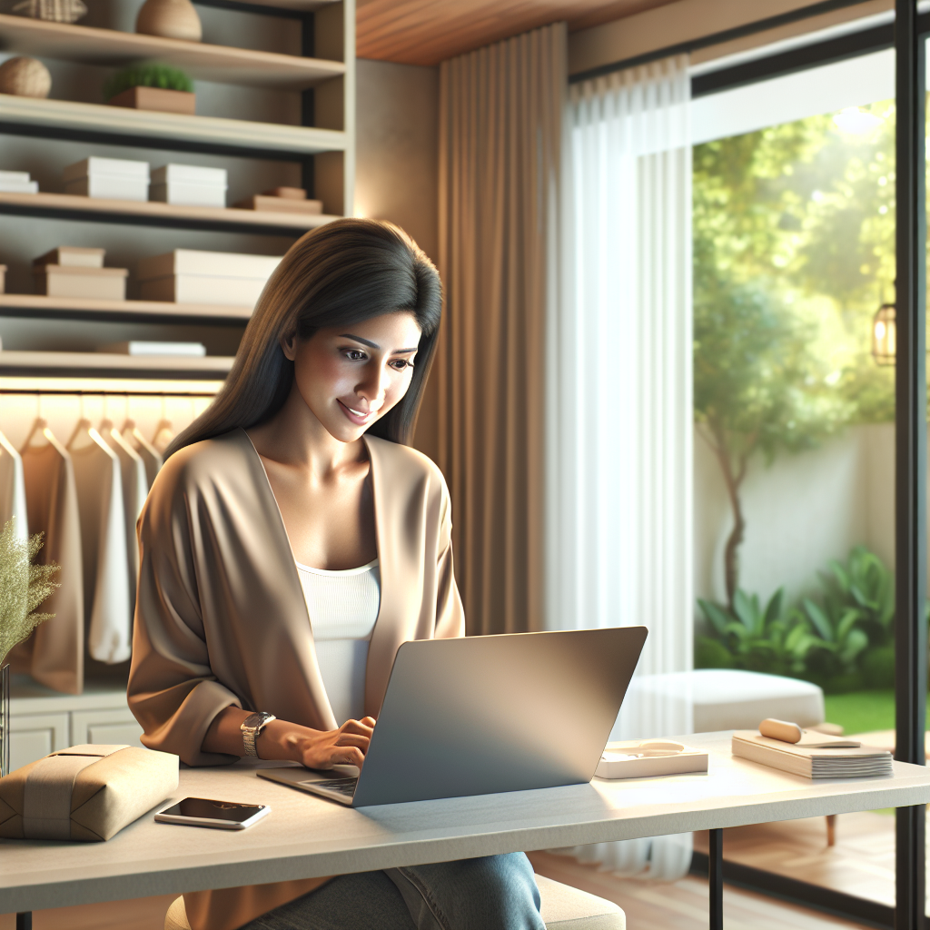 A woman happily shopping online from the comfort of her home.