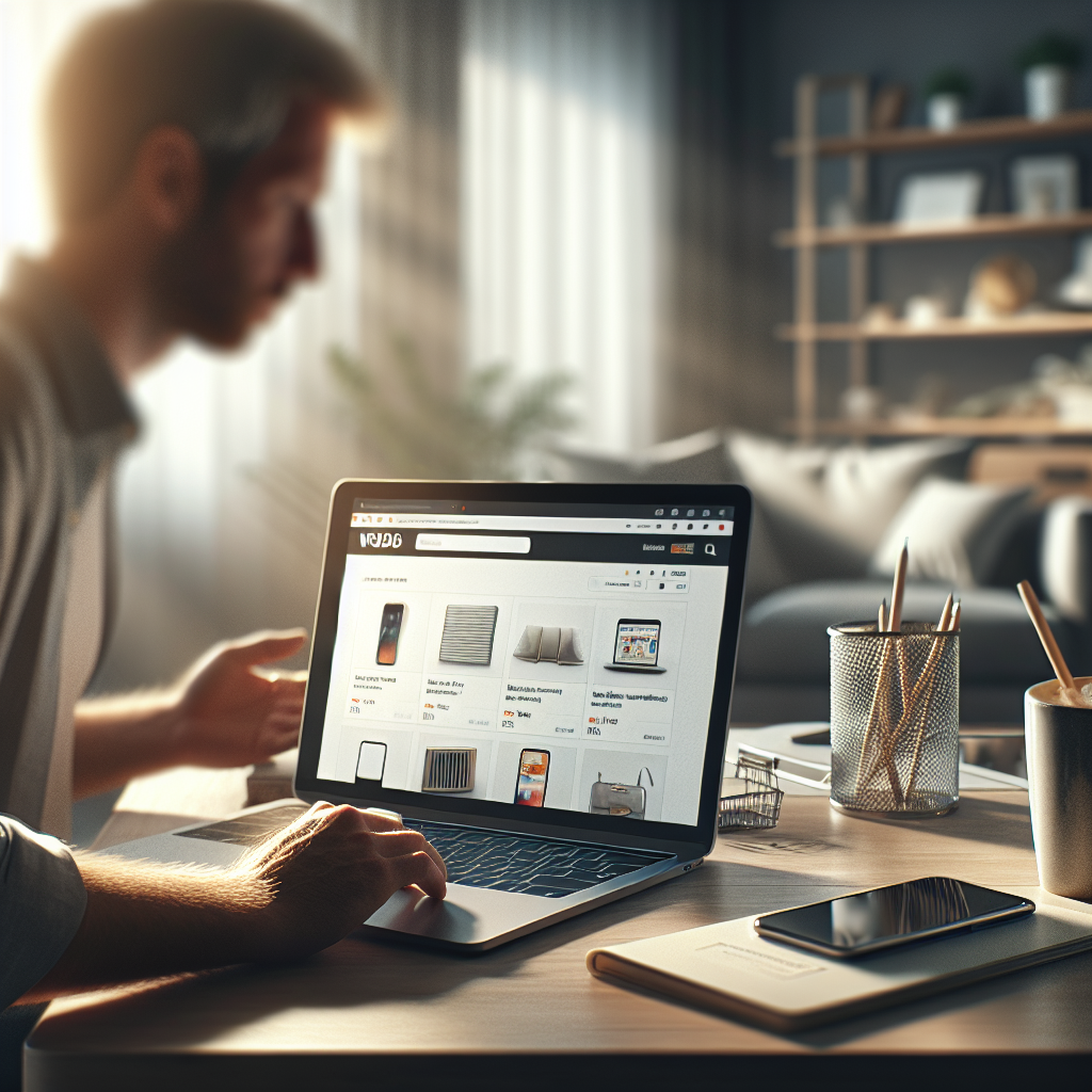 Realistic home office setup showcasing online shopping on a laptop without readable text.