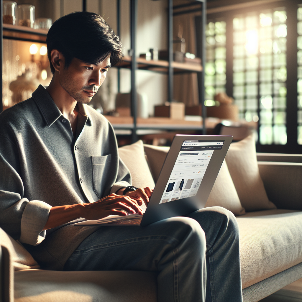 A person shopping online using a laptop in a cozy, modern home interior.