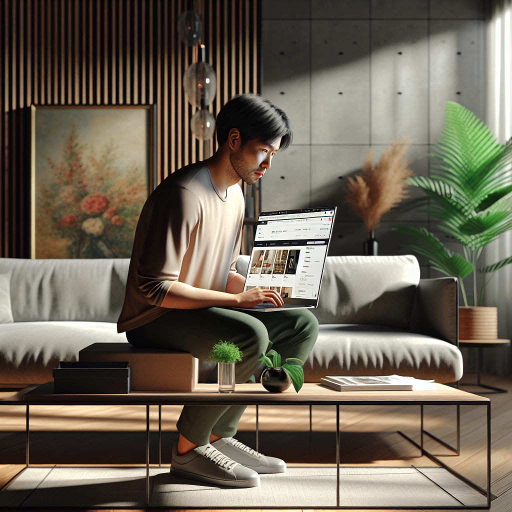 A person shopping online on a laptop in a cozy modern living room.